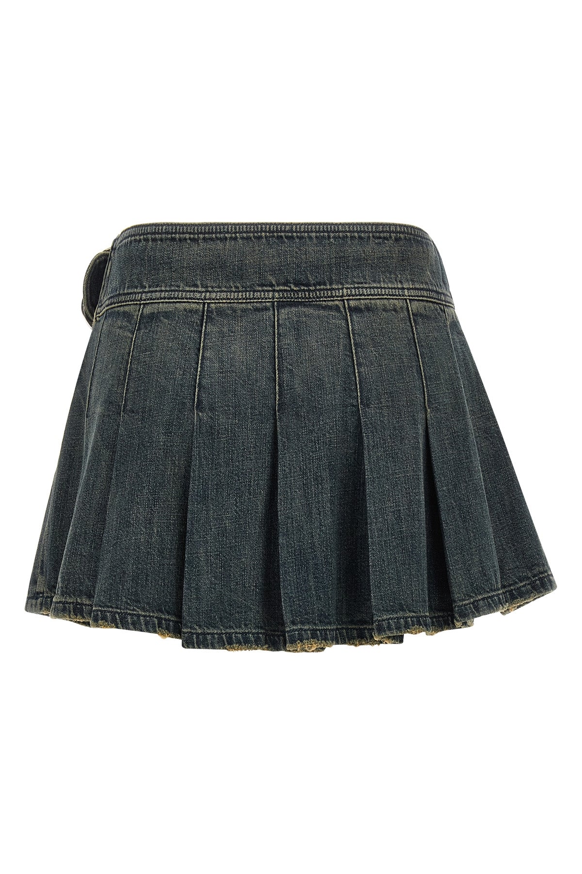 buckle pleated flared and pleated skirt in stonewashed stretch cotton denim