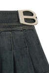 buckle pleated flared and pleated skirt in stonewashed stretch cotton denim