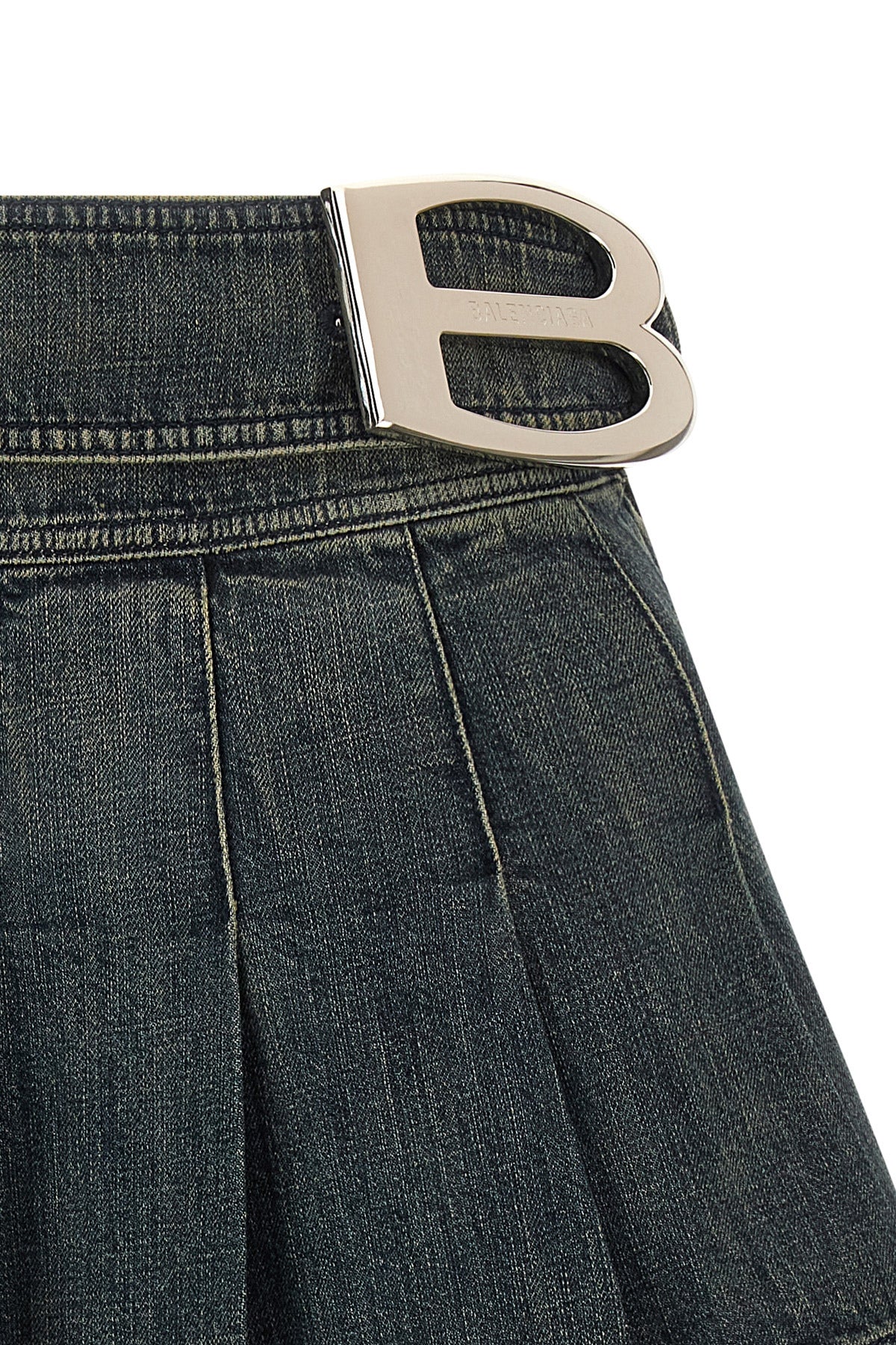 buckle pleated flared and pleated skirt in stonewashed stretch cotton denim