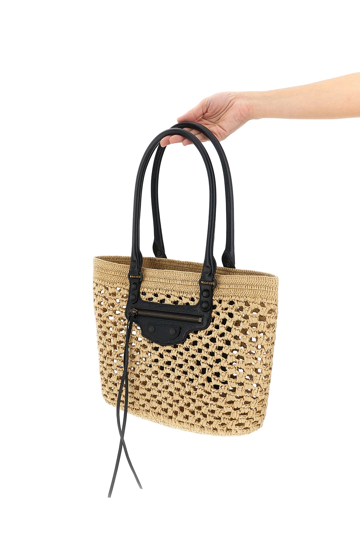BALENCIAGA OS le city shoulder bag in woven raffia effect fabric and arena lambskin