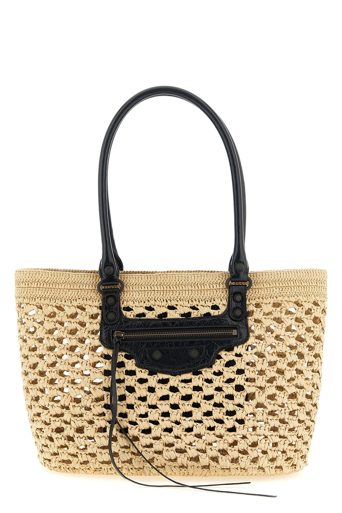 BALENCIAGA OS le city shoulder bag in woven raffia effect fabric and arena lambskin