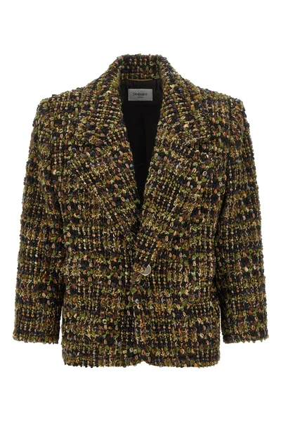 the saint laurent blazer stands out for a complex multicolored bouclé workmanshi