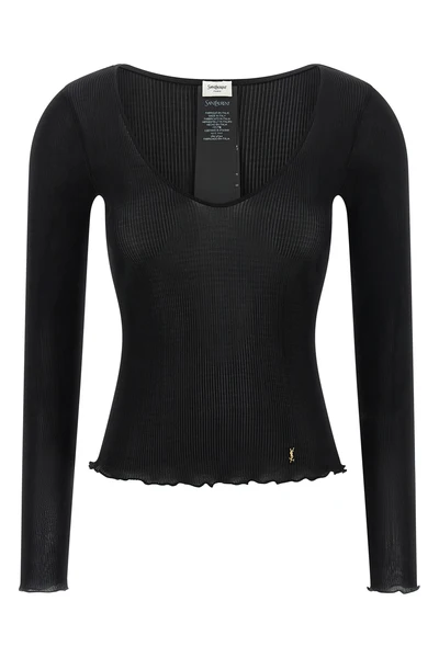 the saint laurent long-sleeved top is made of pure ribbed silk