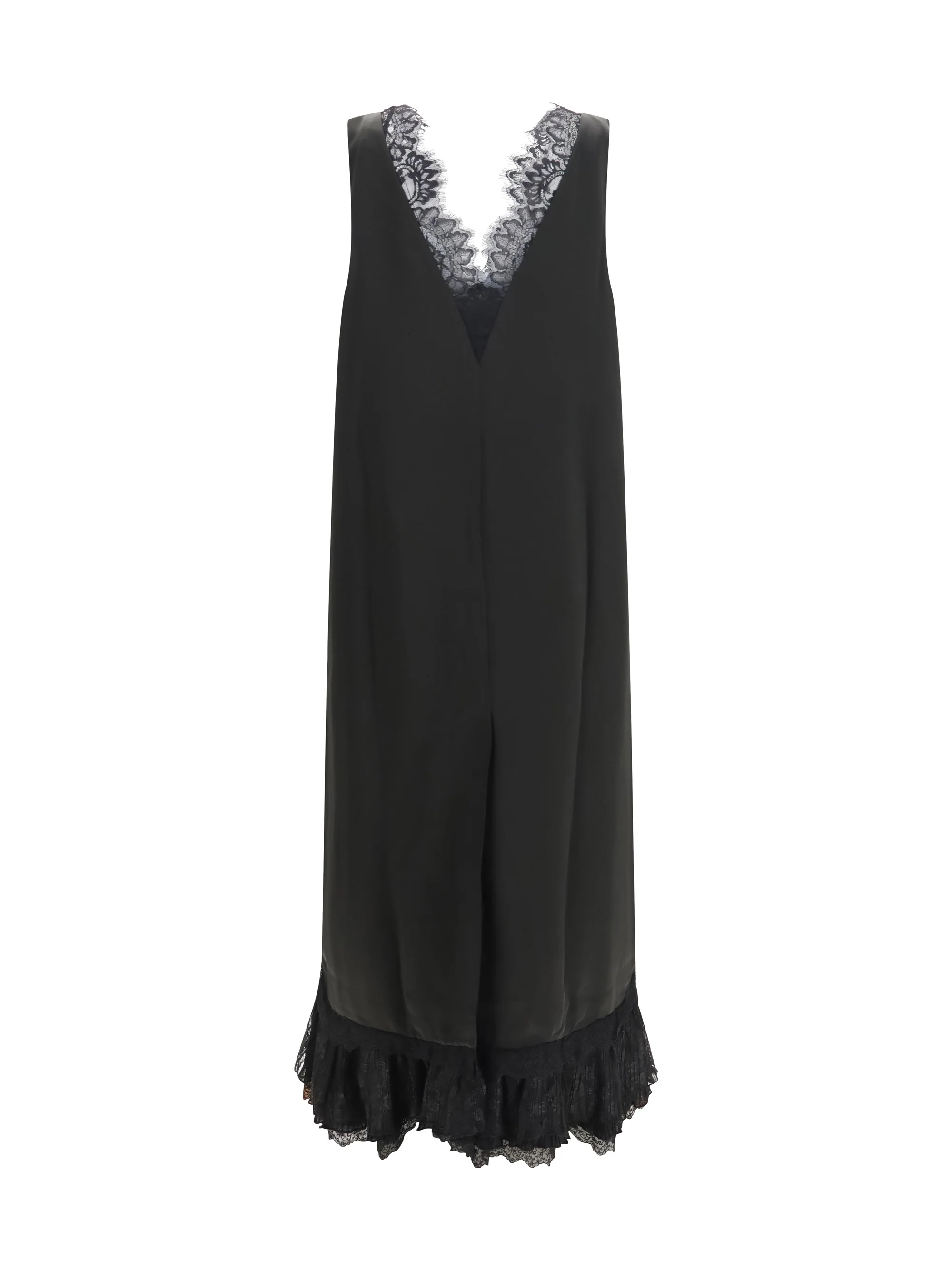 lace-trimmed satin long dress