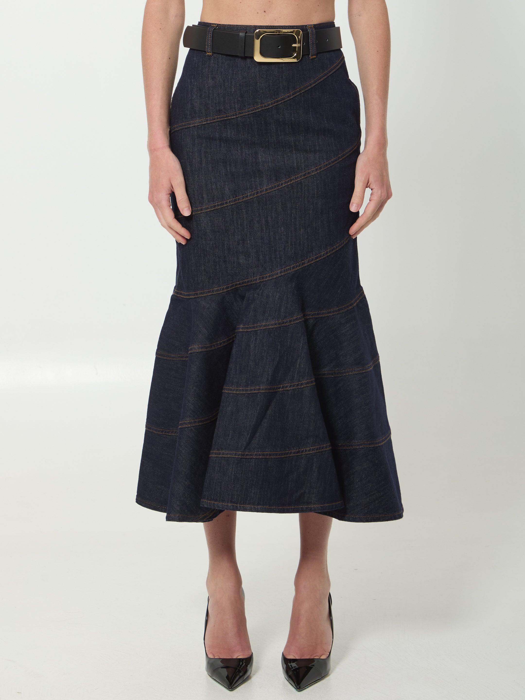 SELF PORTRAIT 10 indigo denim belted midi skirt 