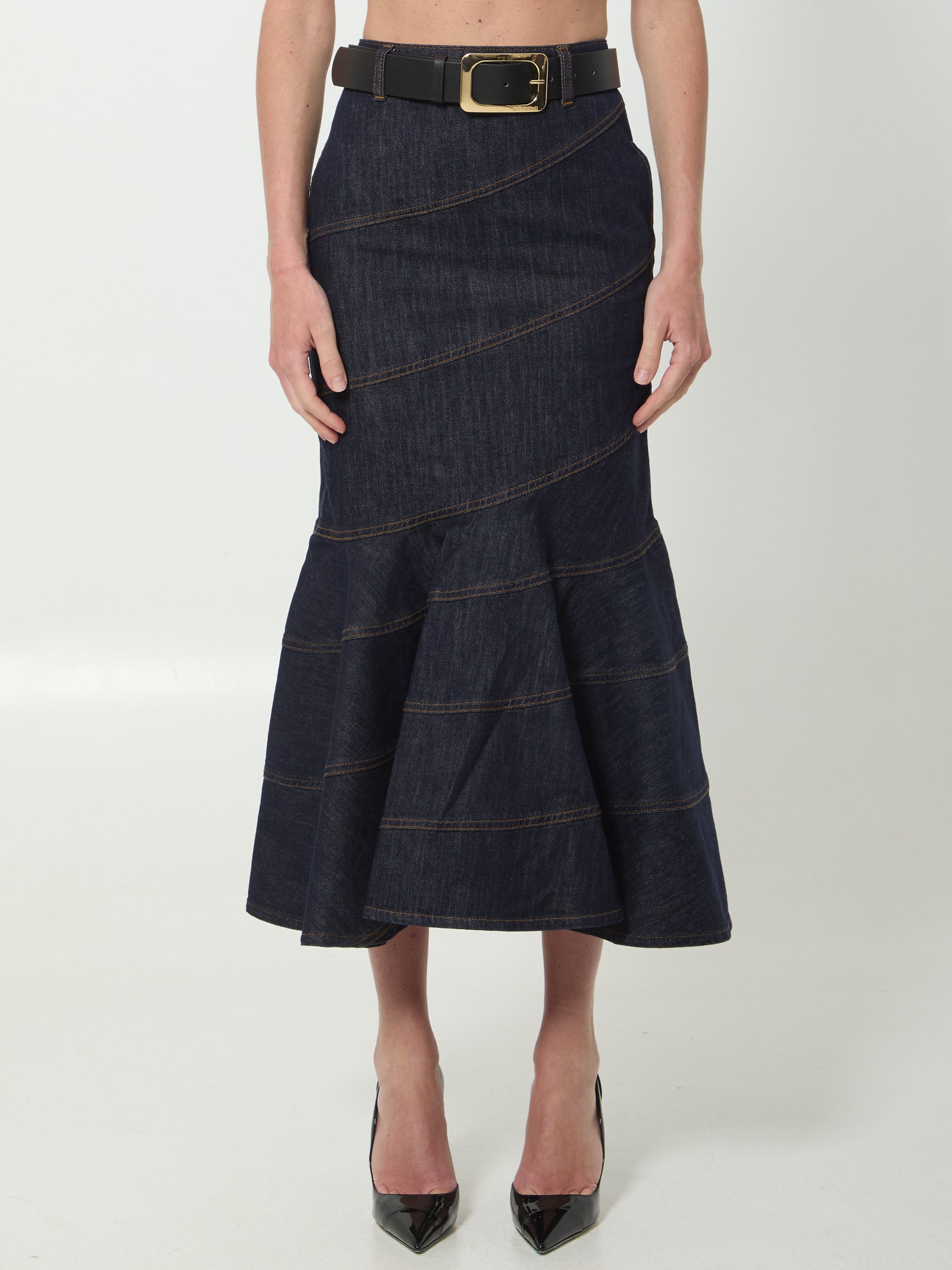 indigo denim belted midi skirt