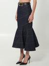 indigo denim belted midi skirt