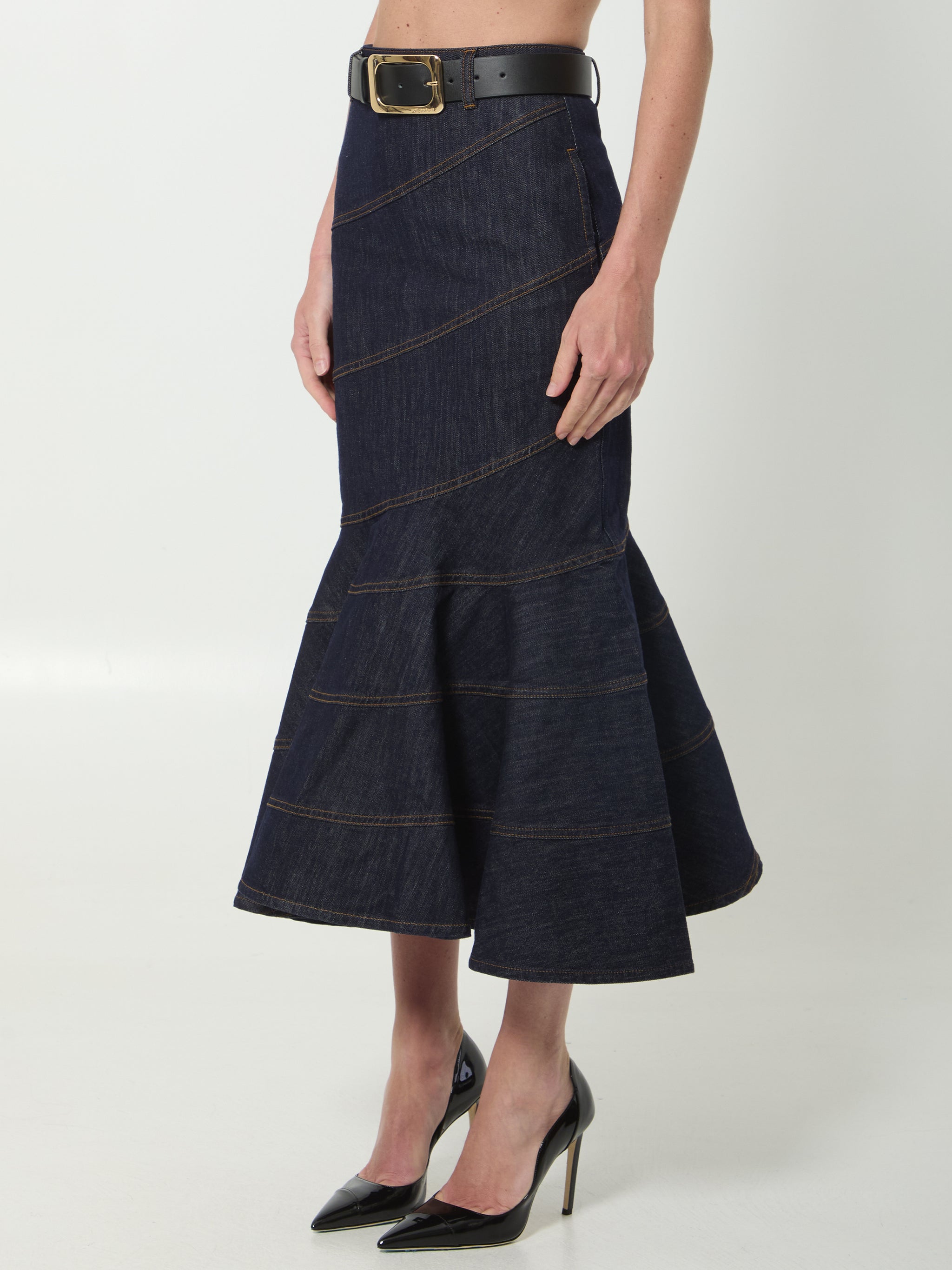 indigo denim belted midi skirt