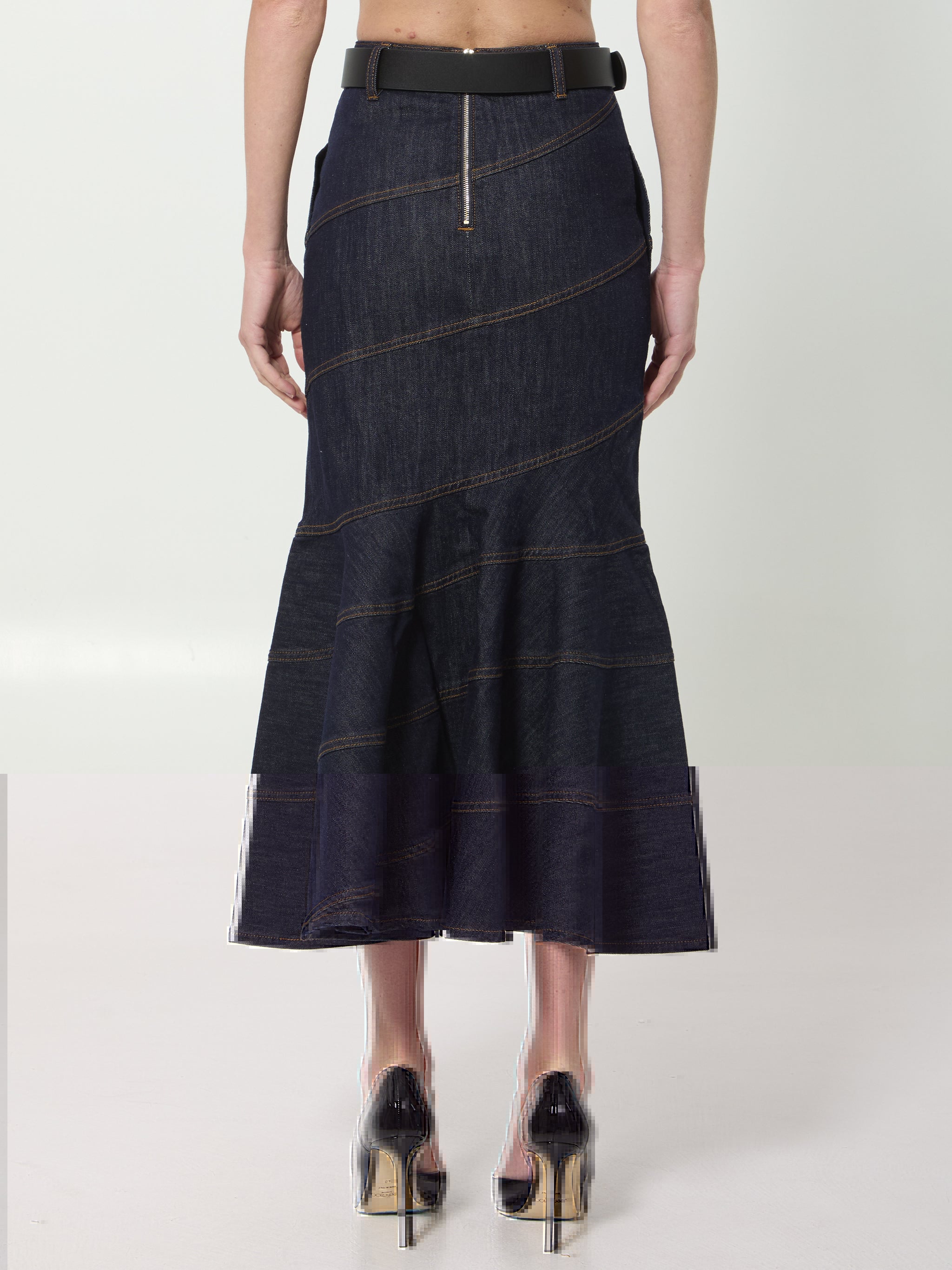 indigo denim belted midi skirt