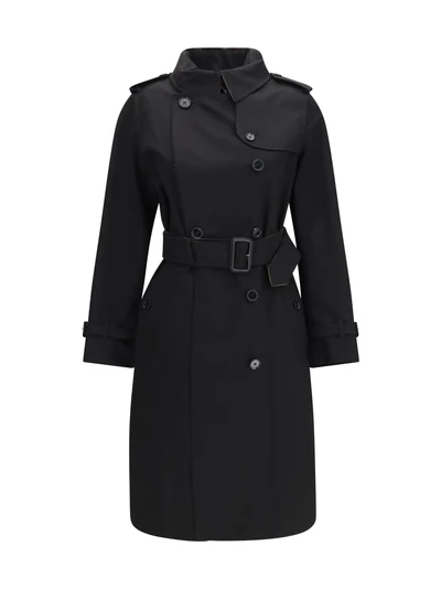 long gabardine trench coat with check collar