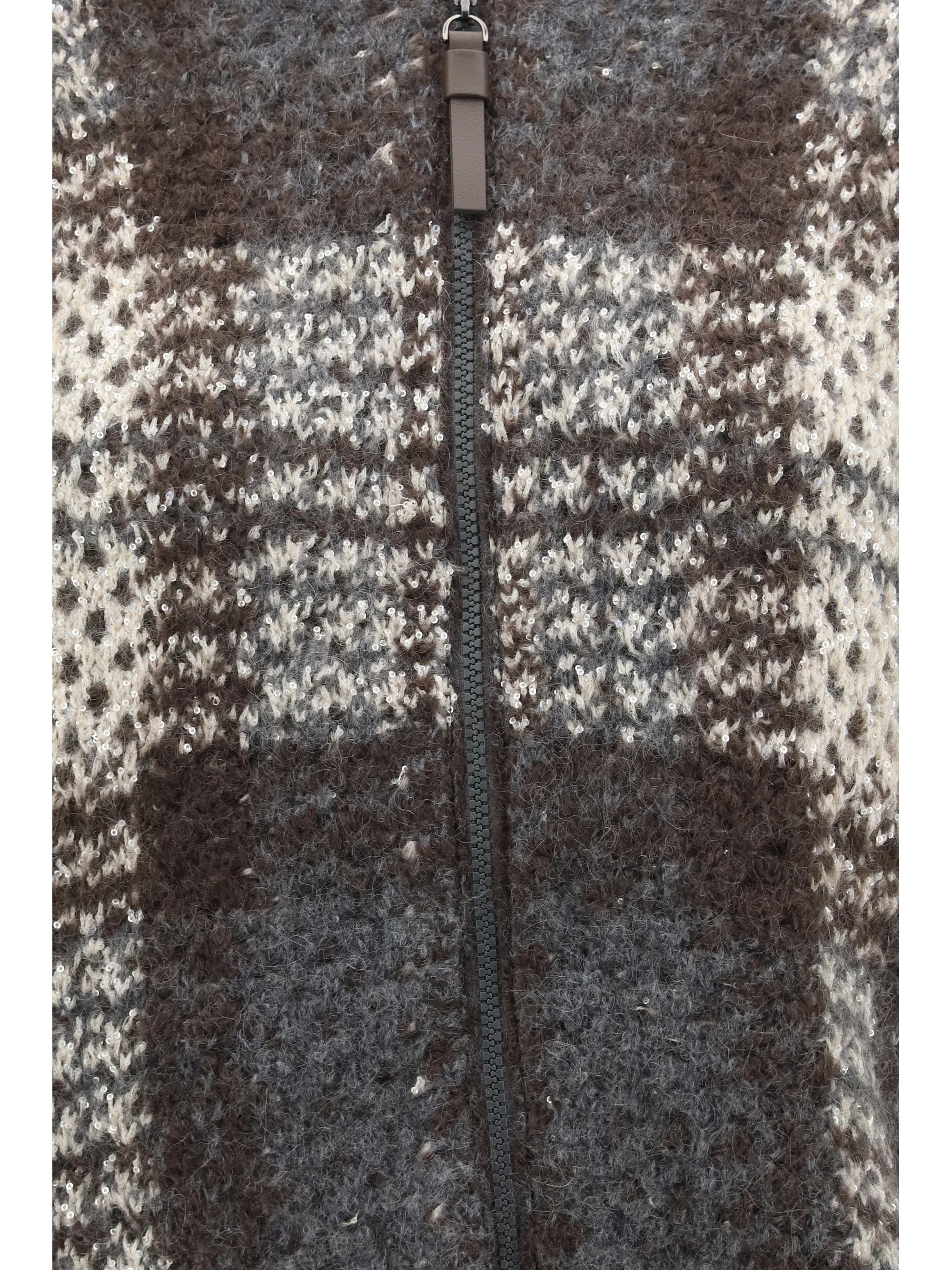 checked wool zip cardigan