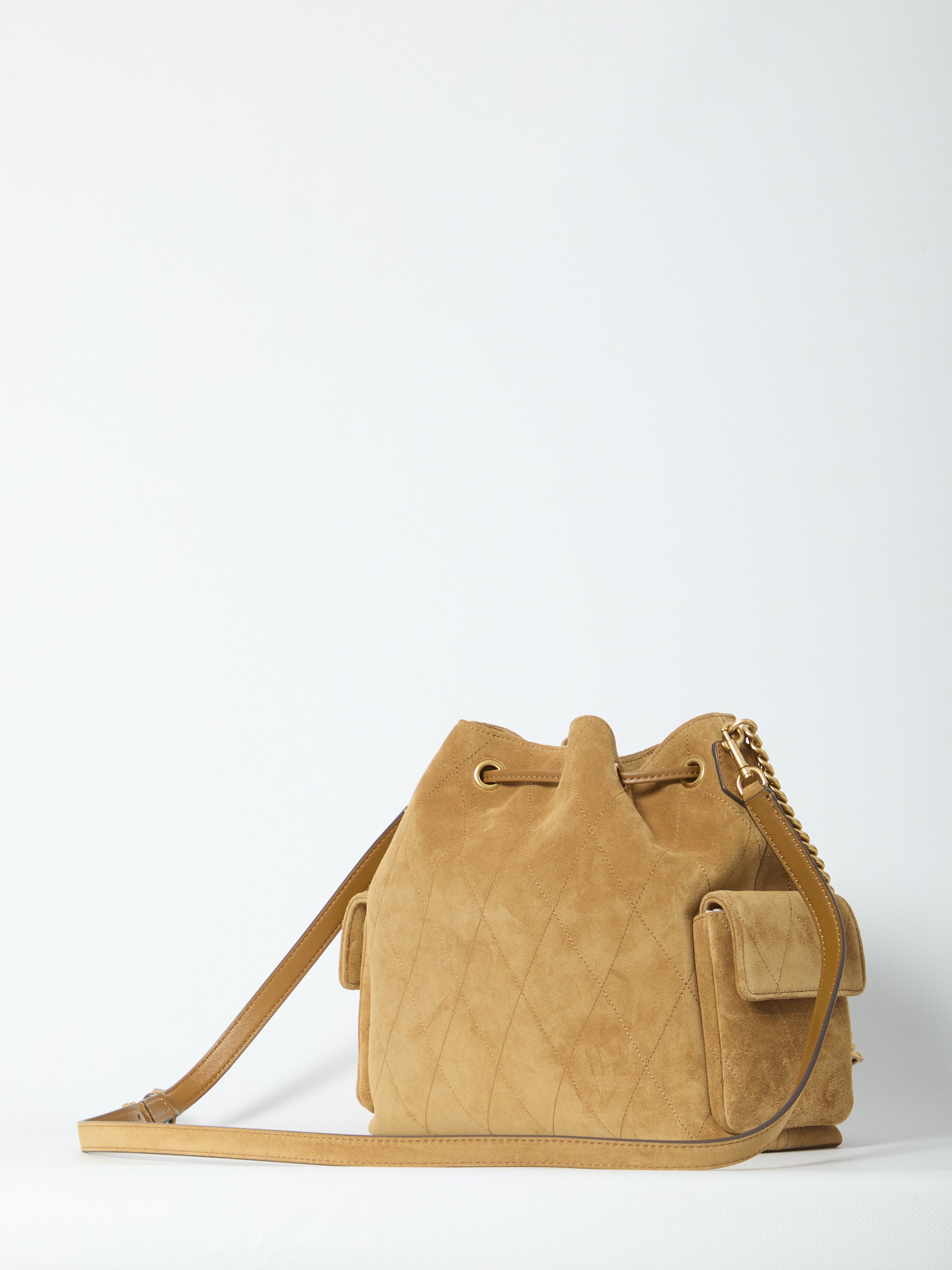 TORY BURCH OS charlie quilted suede drawstring bag 