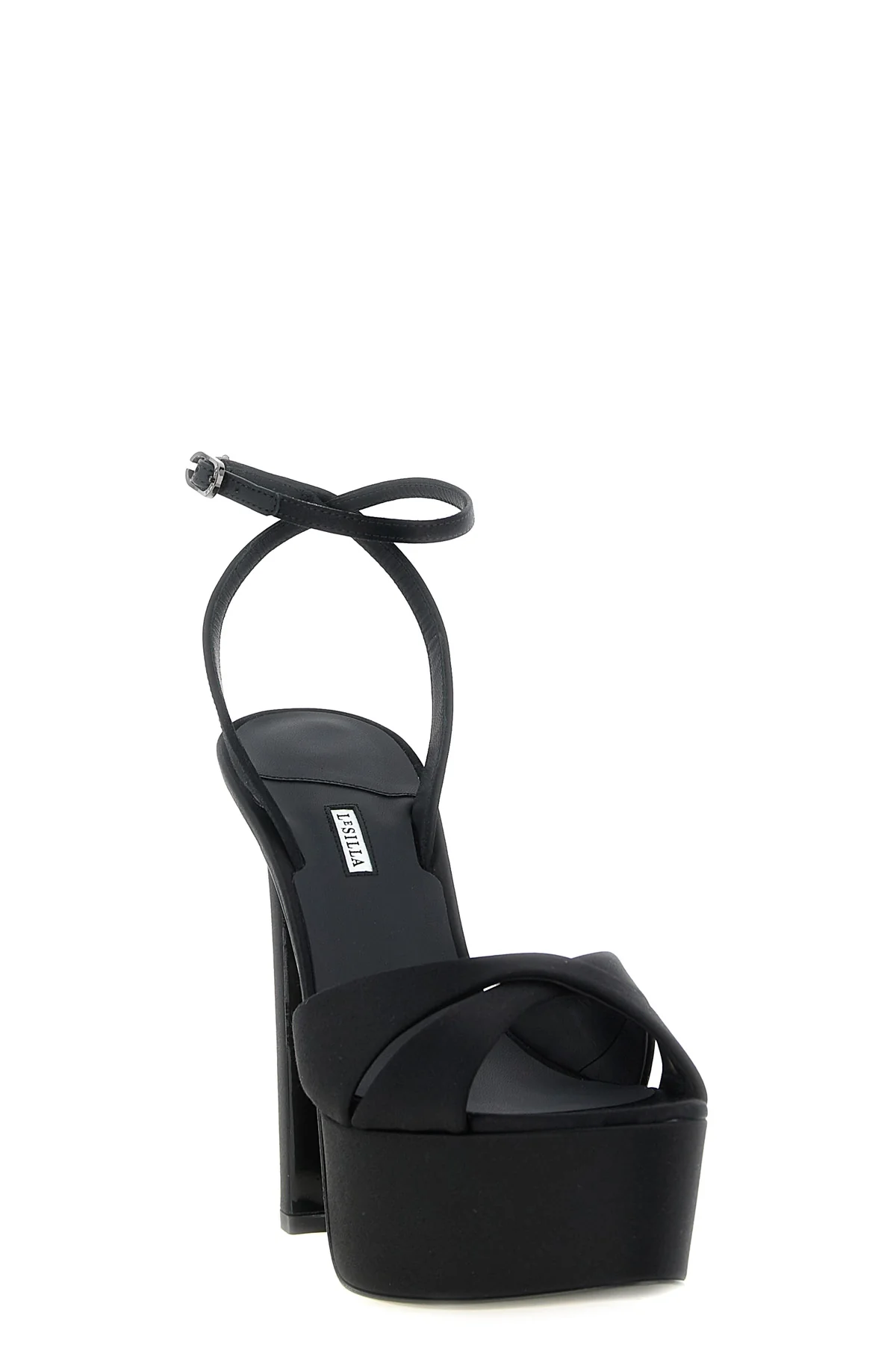 the le silla odette sandals in fine black satin define a sculptural and imposi