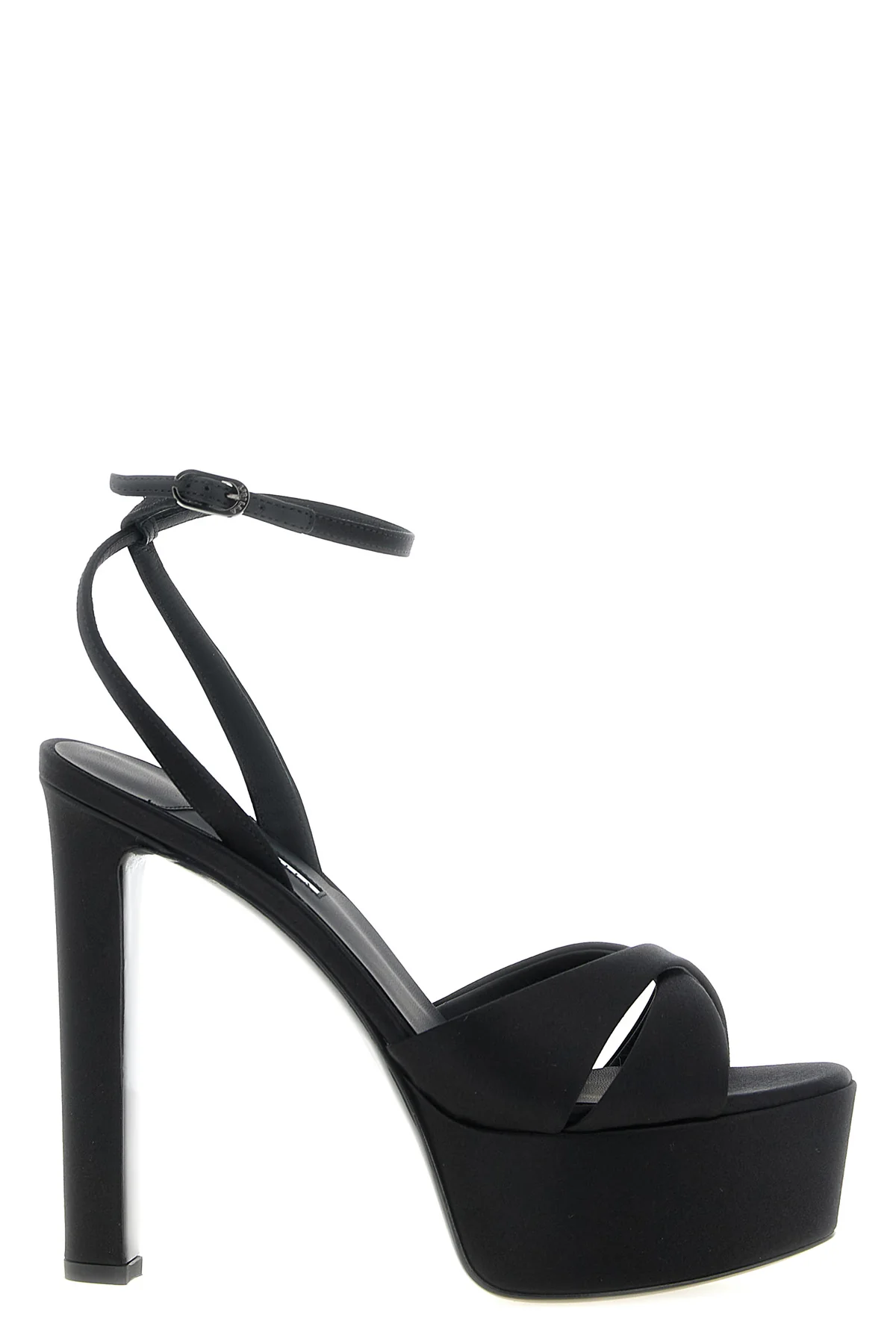 the le silla odette sandals in fine black satin define a sculptural and imposi