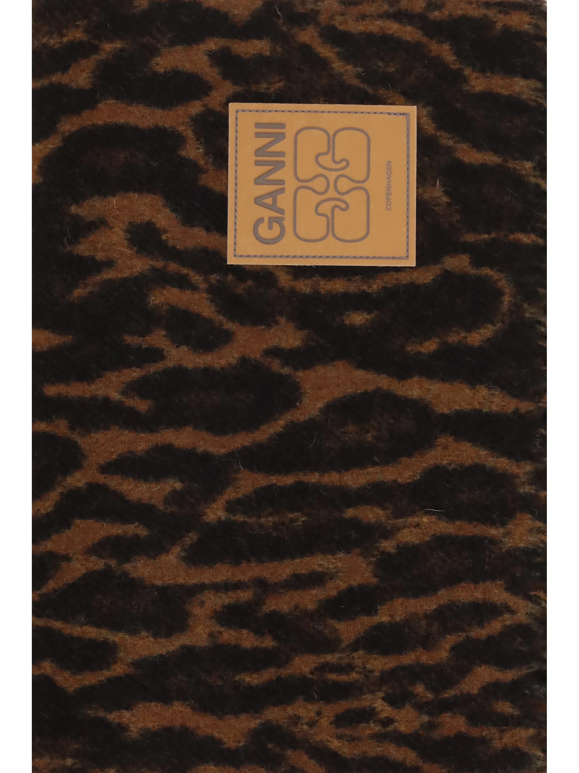 leopard print wool scarf with logo and fringes