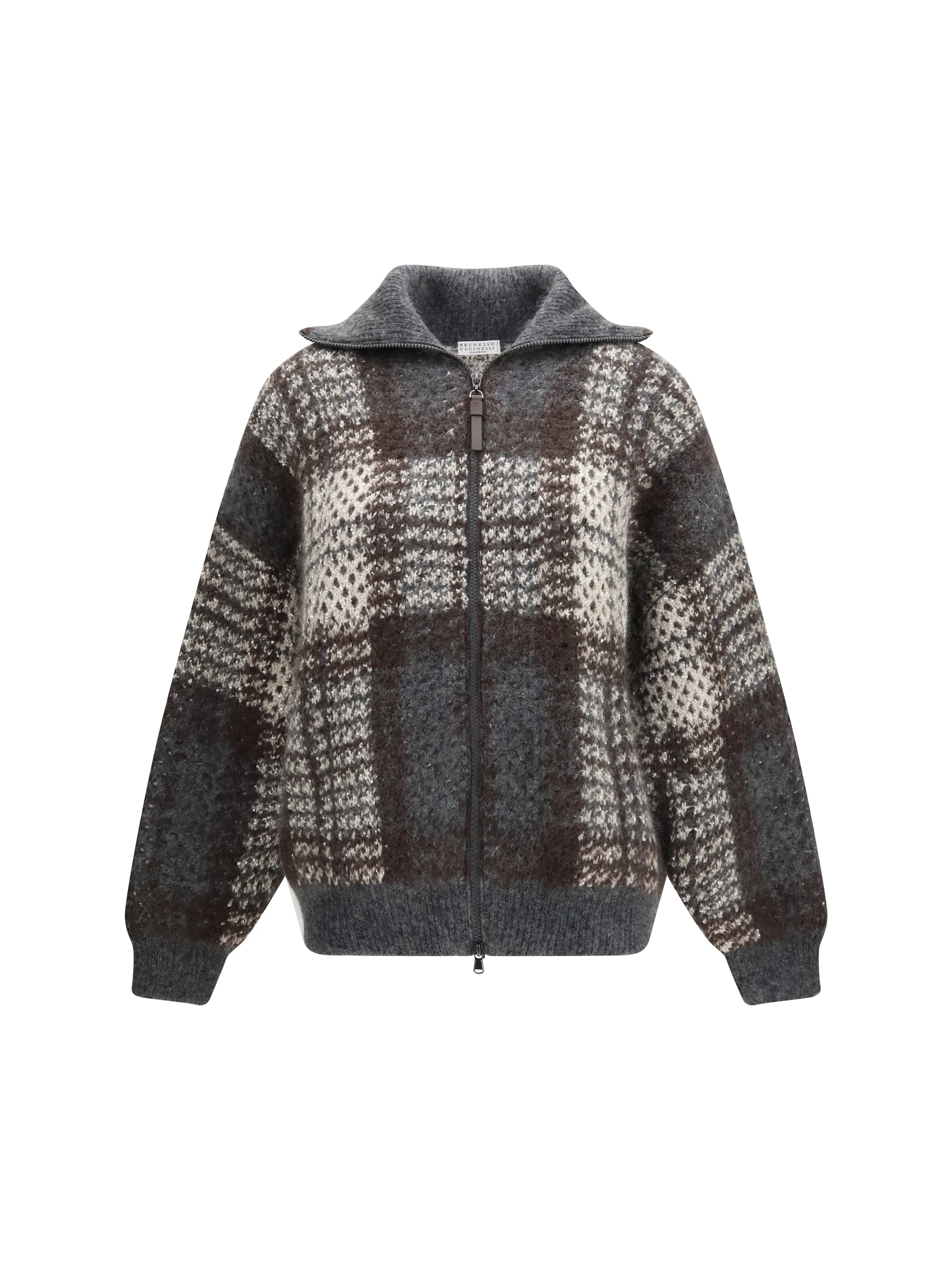 checked wool zip cardigan