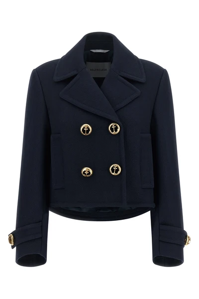 the balenciaga peacoat cropped in navy structured wool reinterprets the codes of