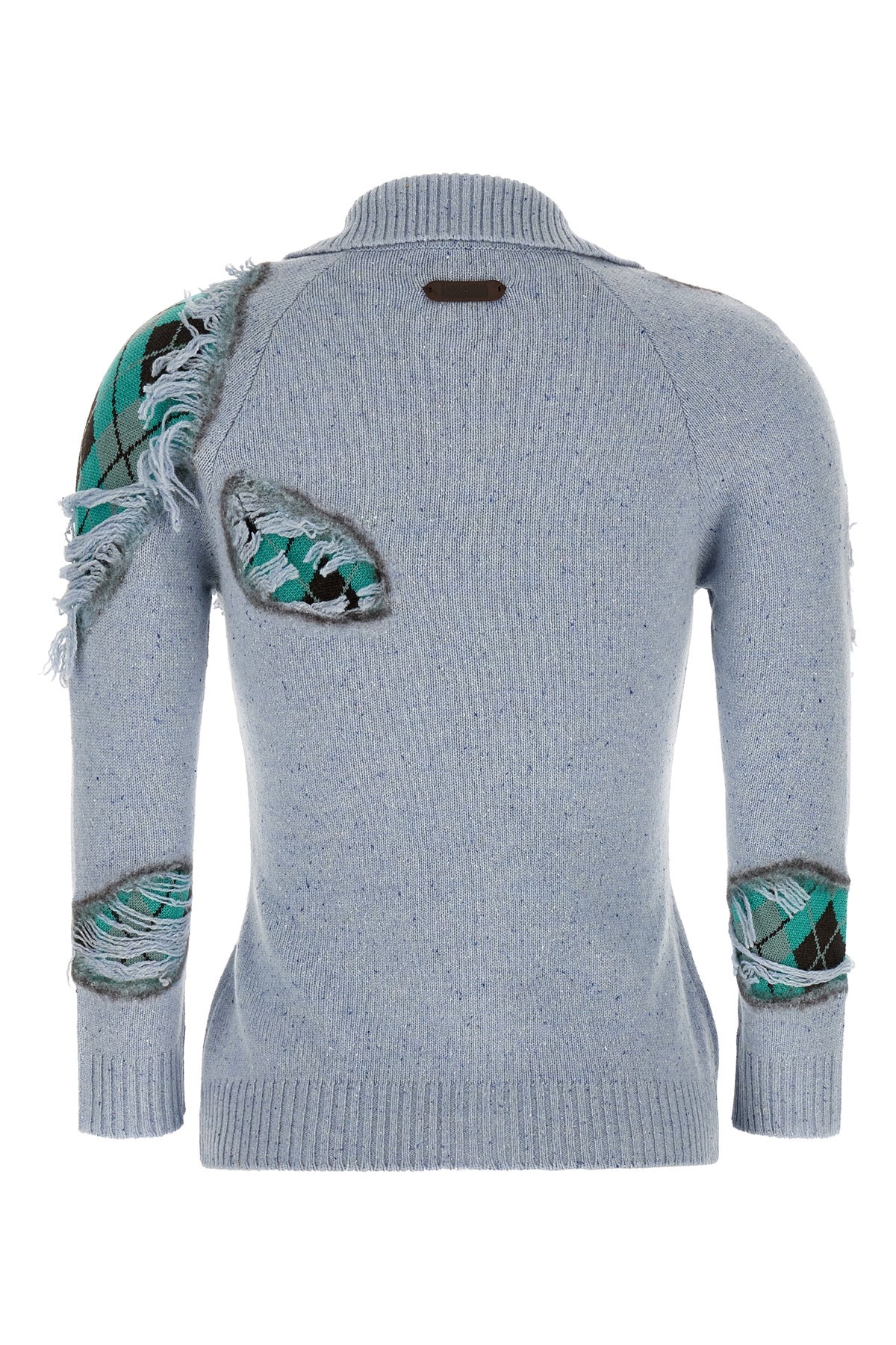 MOSCHINO 38 the moschino distressed argyle cardigan in mélange blue redefines classic knit