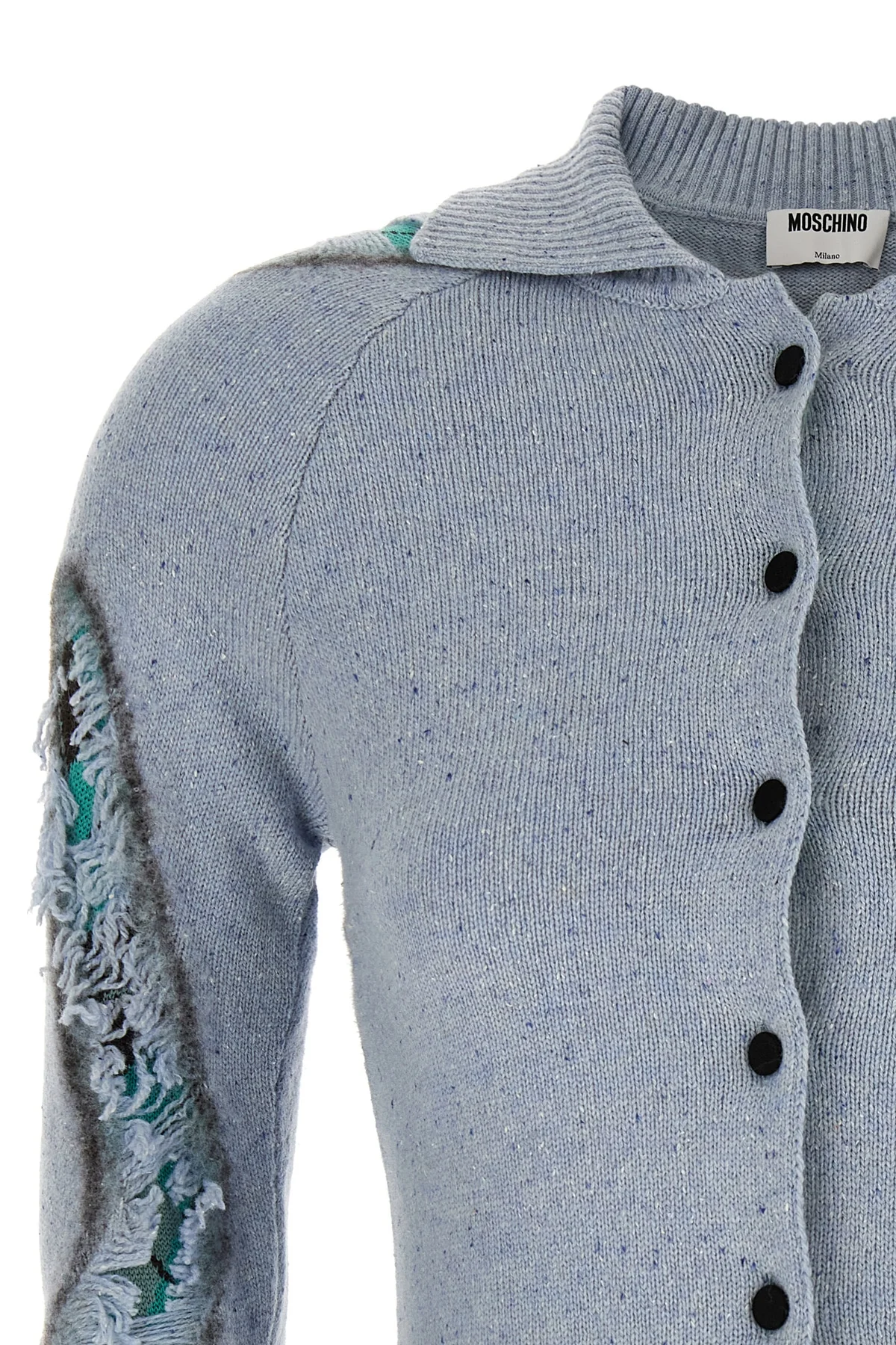 the moschino distressed argyle cardigan in mélange blue redefines classic knit