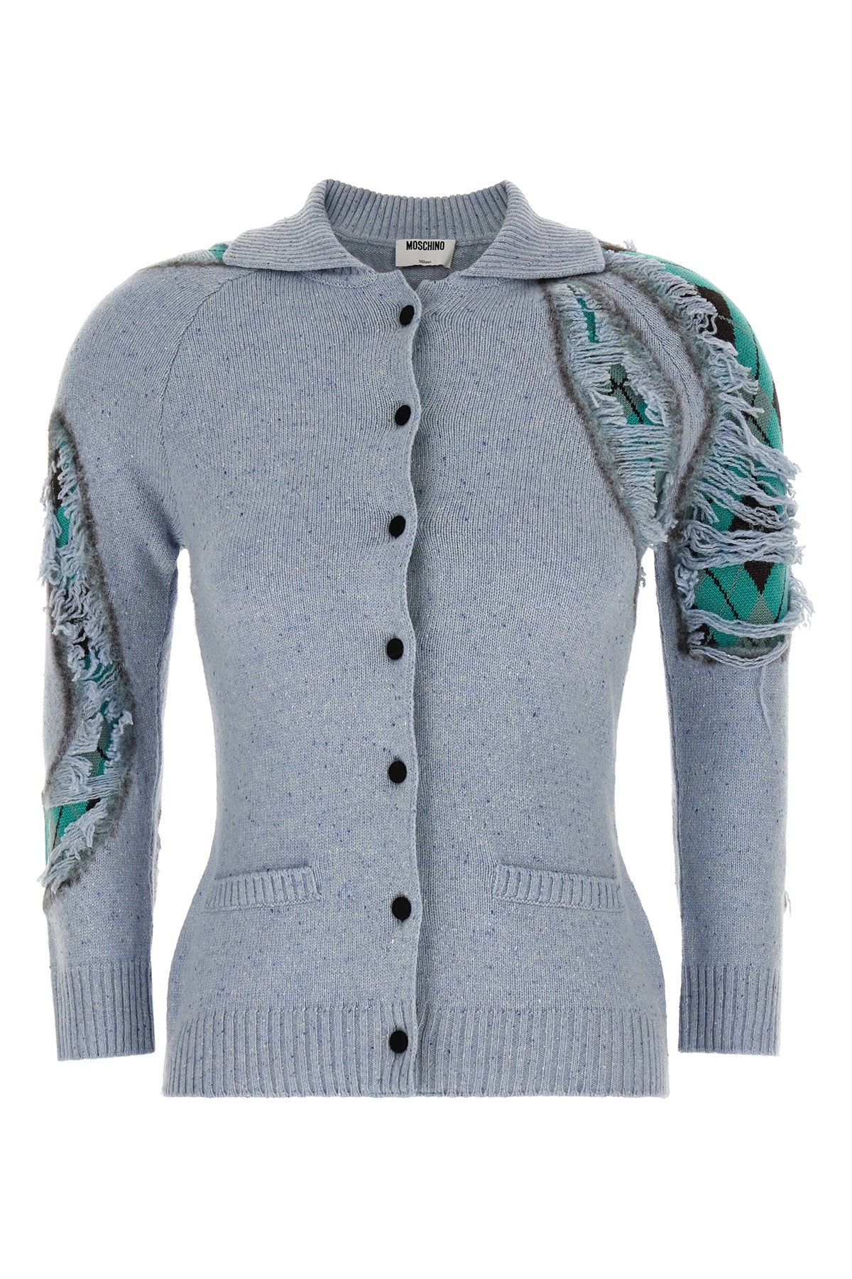 MOSCHINO 38 the moschino distressed argyle cardigan in mélange blue redefines classic knit