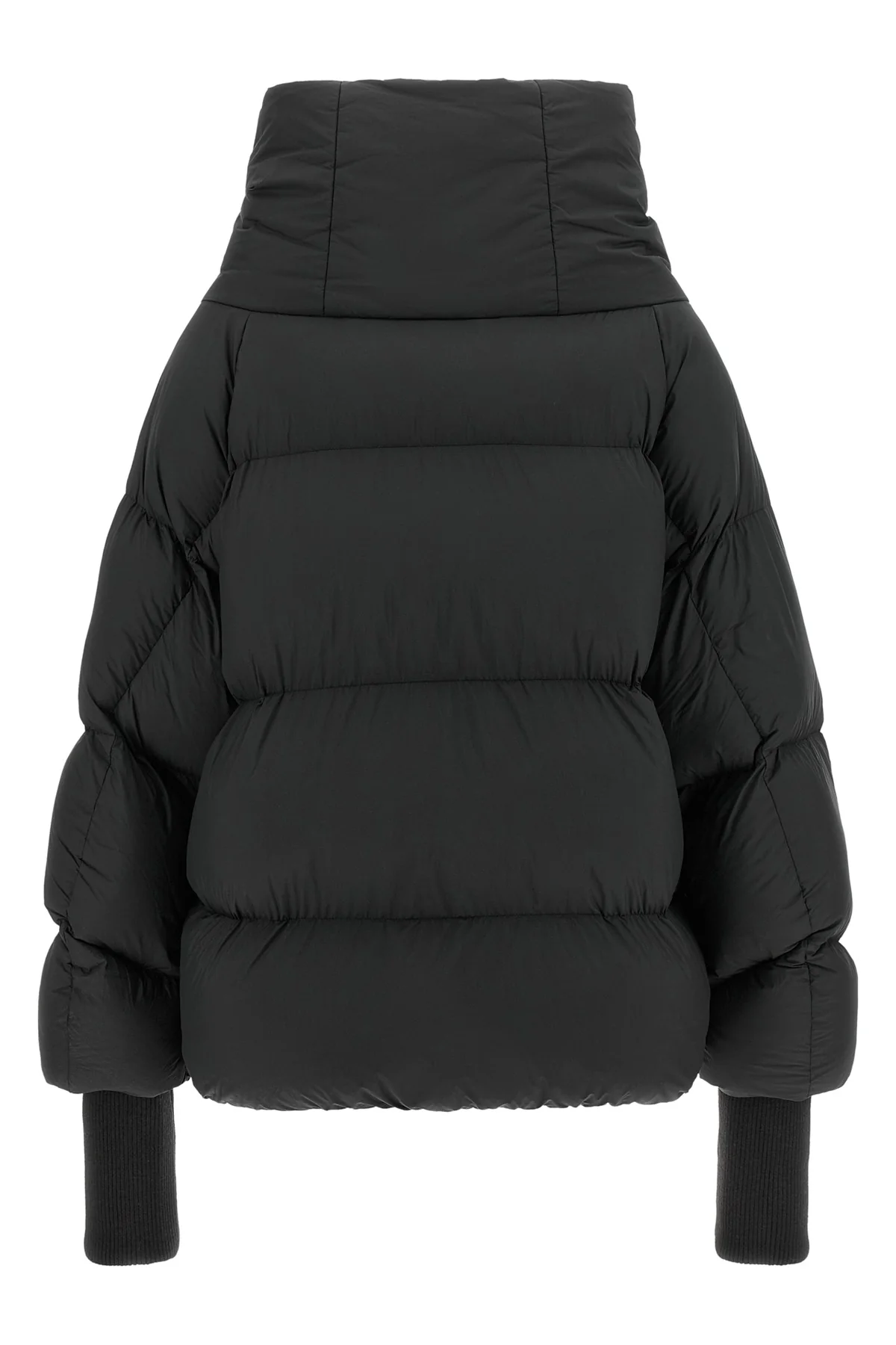 the black ganni down jacket is distinguished by a voluminous silhouette and asym