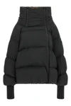 the black ganni down jacket is distinguished by a voluminous silhouette and asym
