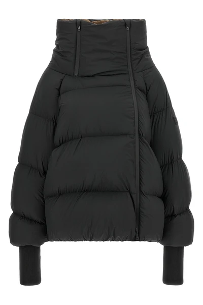 the black ganni down jacket is distinguished by a voluminous silhouette and asym