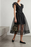 black organza ruched midi dress in semi-transparent polka dot organza