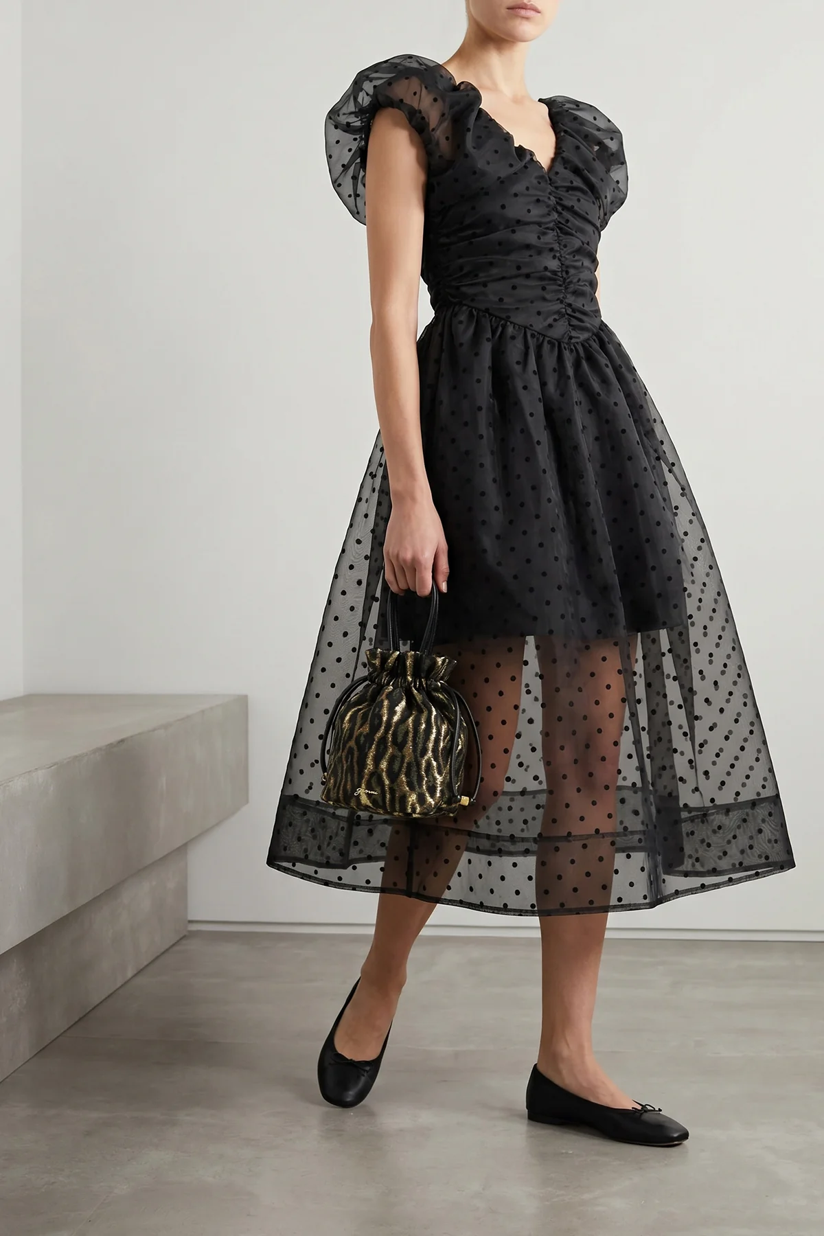 black organza ruched midi dress in semi-transparent polka dot organza