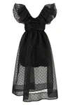 black organza ruched midi dress in semi-transparent polka dot organza