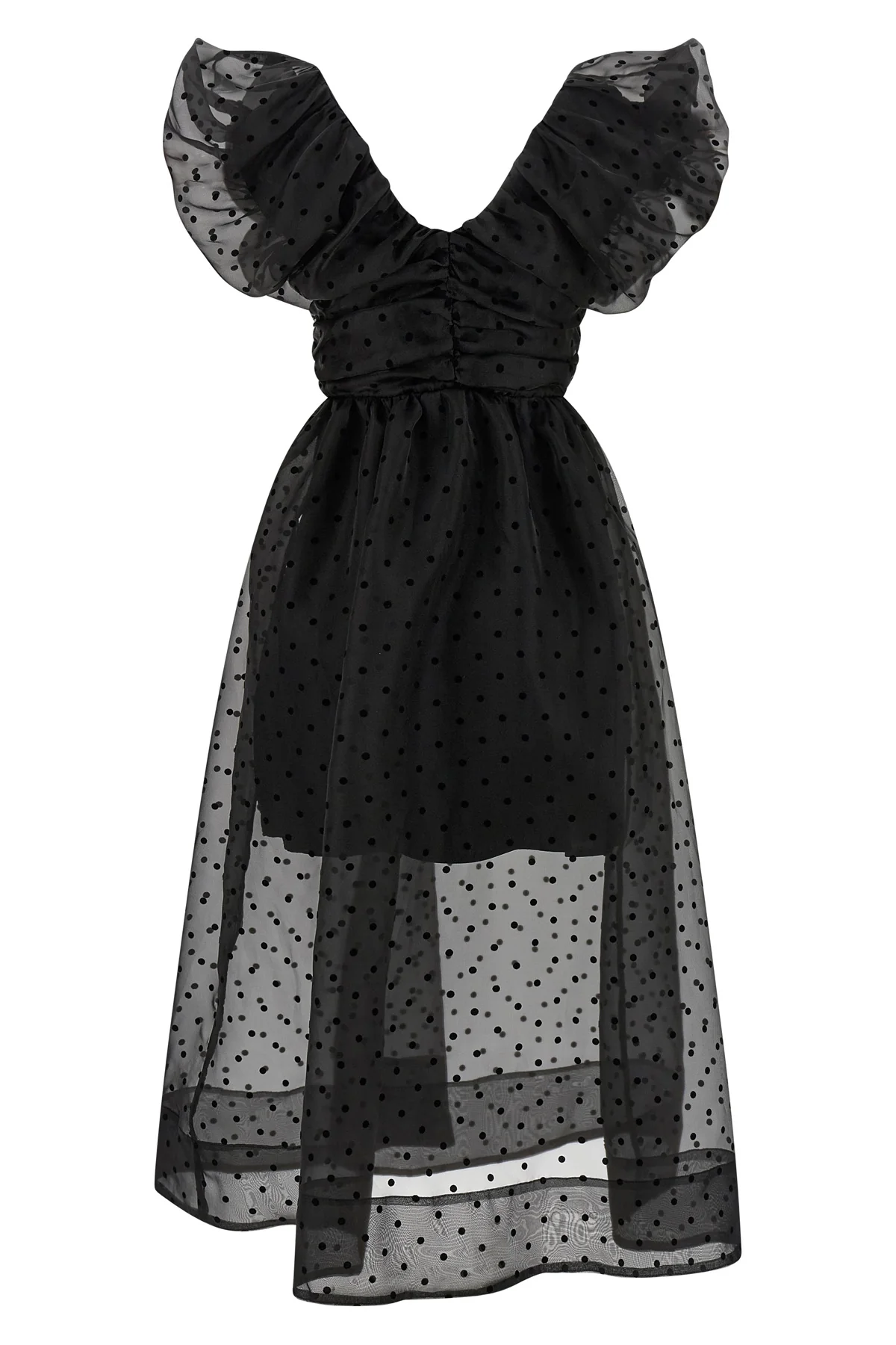 black organza ruched midi dress in semi-transparent polka dot organza
