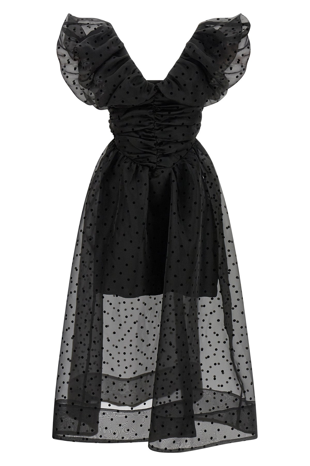 GANNI 34 black organza ruched midi dress in semi-transparent polka dot organza