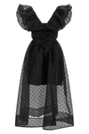 black organza ruched midi dress in semi-transparent polka dot organza