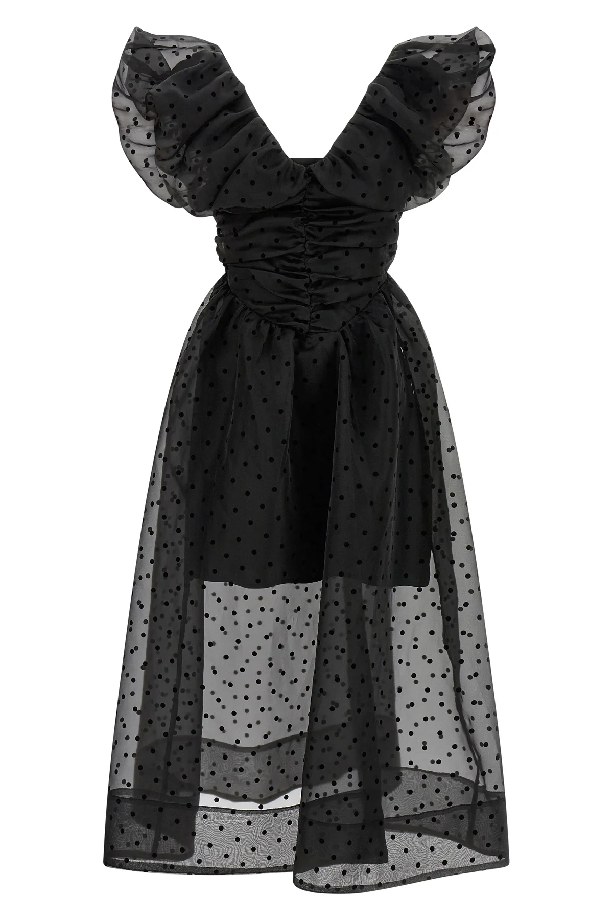 black organza ruched midi dress in semi-transparent polka dot organza