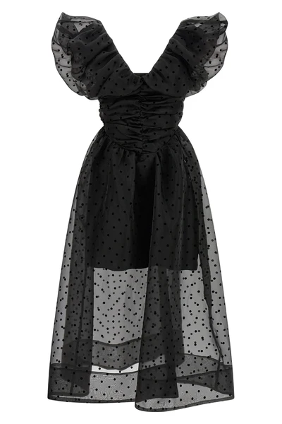 black organza ruched midi dress in semi-transparent polka dot organza
