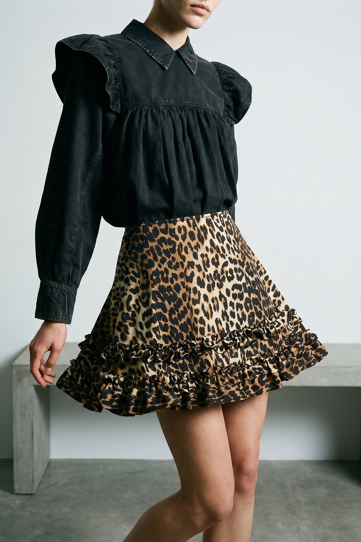 GANNI 36 black washed frill cotton blouse dyed in a délavé effect garment