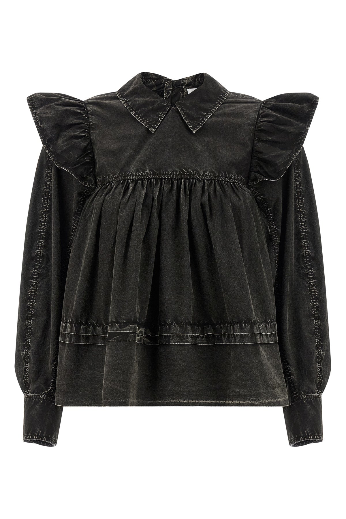 GANNI 36 black washed frill cotton blouse dyed in a délavé effect garment