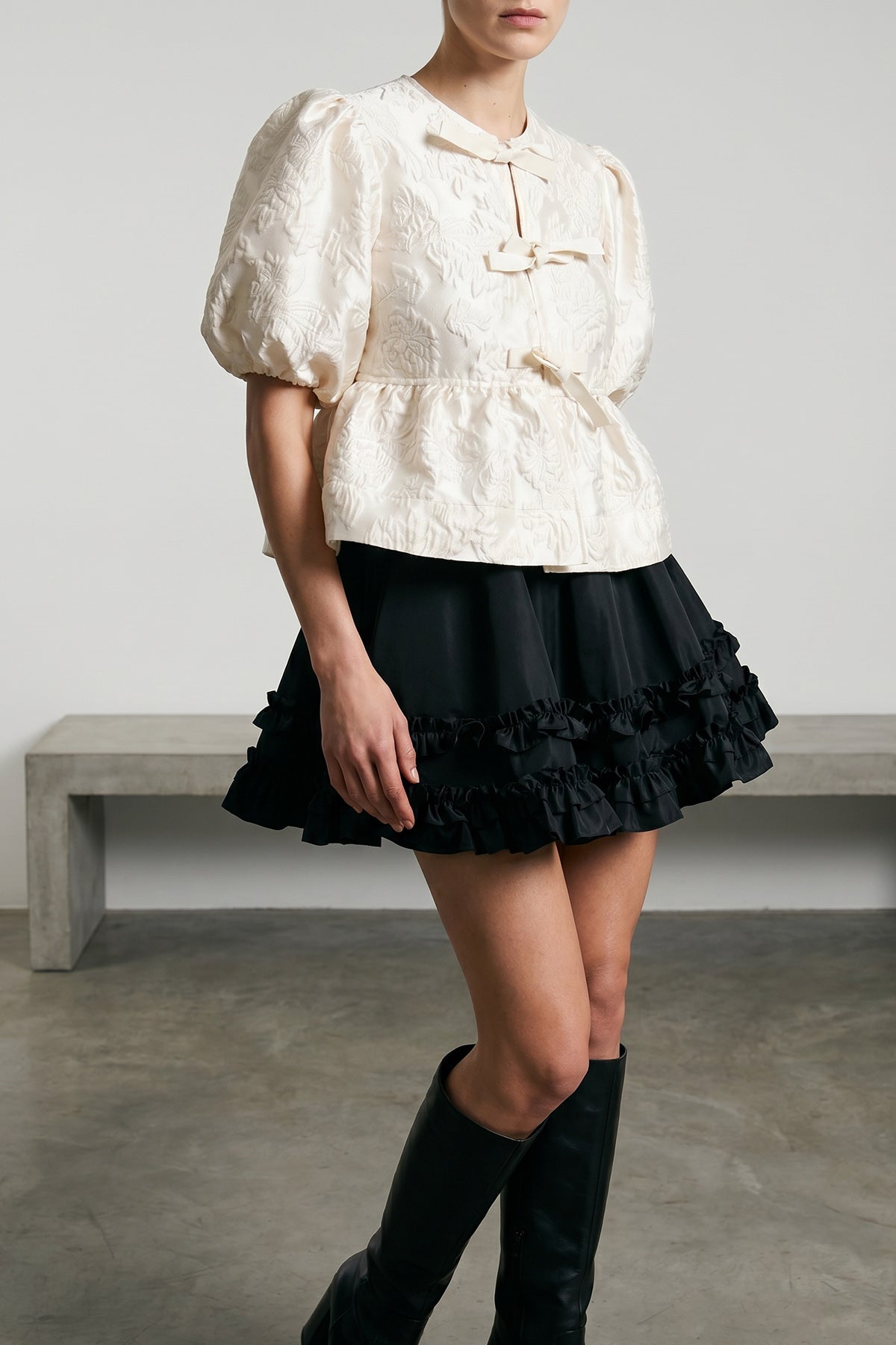 GANNI 34 satin peplum jacquard blouse
