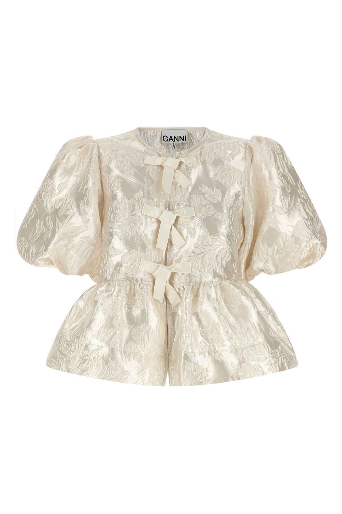 GANNI 34 satin peplum jacquard blouse