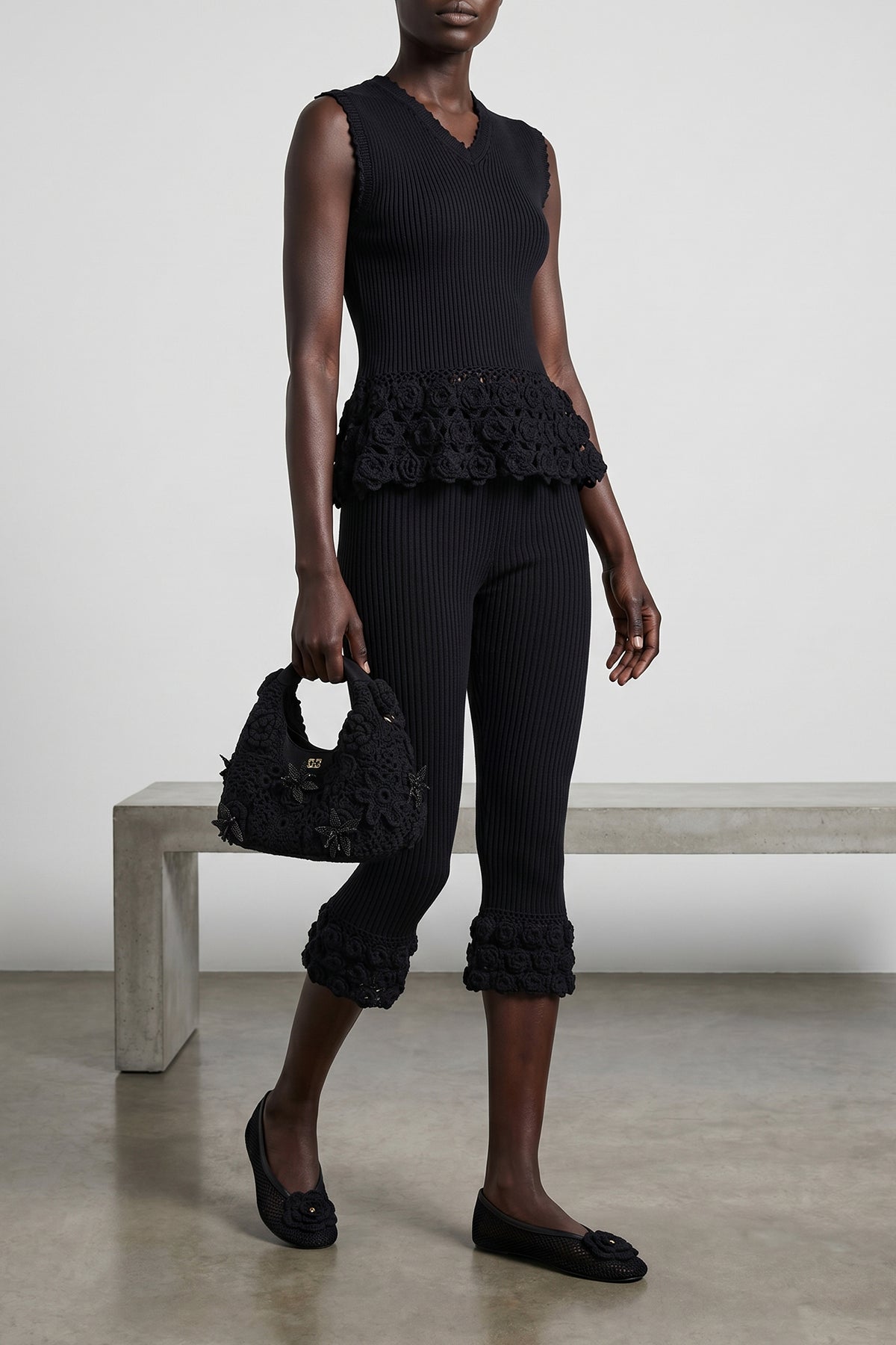 GANNI S knitted ribbed stretch cotton cotton crochet pants