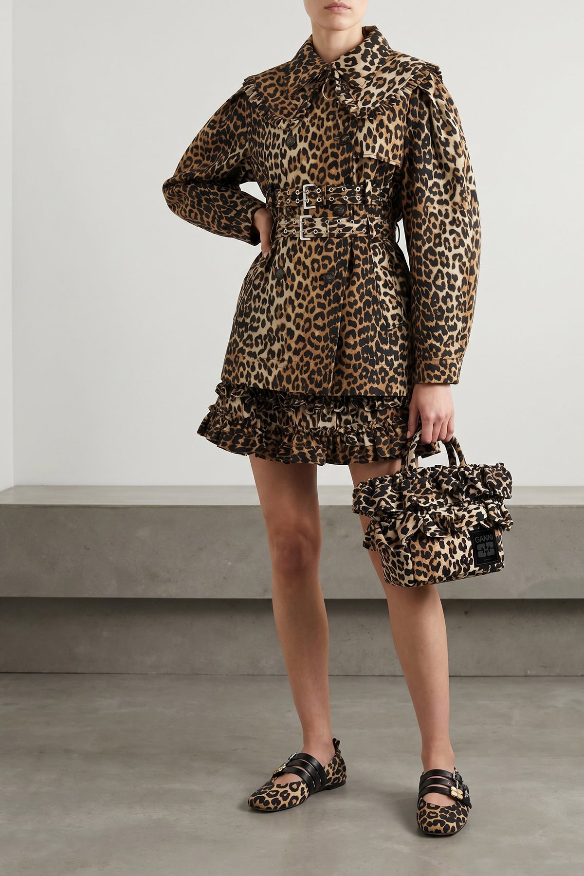 GANNI 34 leopard duchesse nylon mini frill water-repellent leopard duchesse nylon skirt