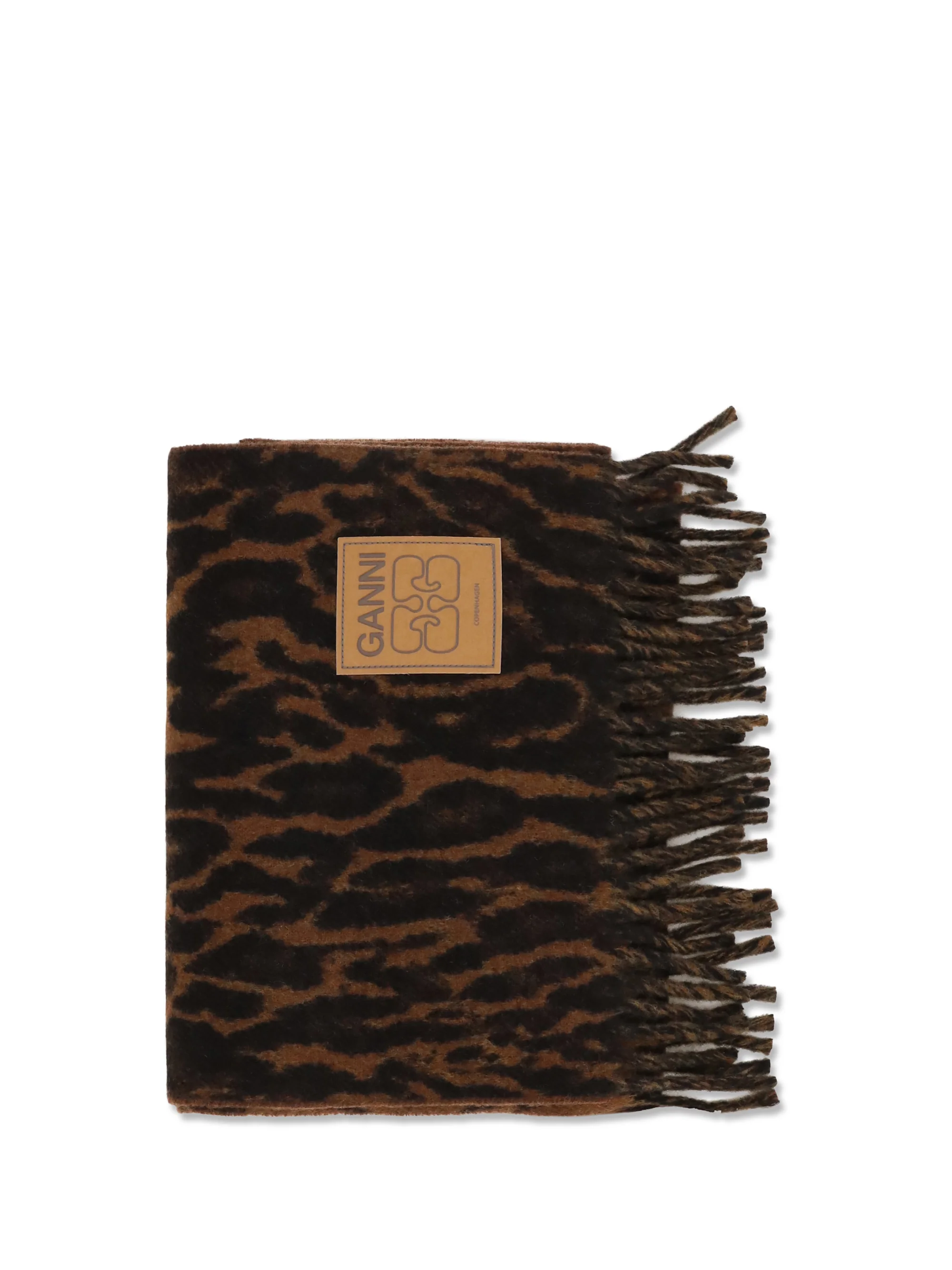 GANNI OS leopard print wool scarf with logo and fringes