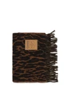 leopard print wool scarf with logo and fringes