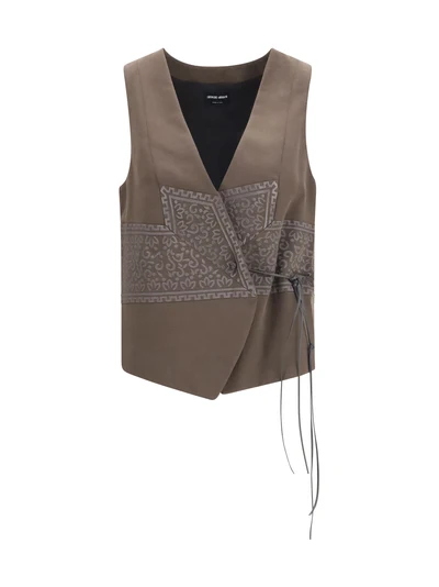 vest in washed silk and virgin wool with jacquard pattern and ties