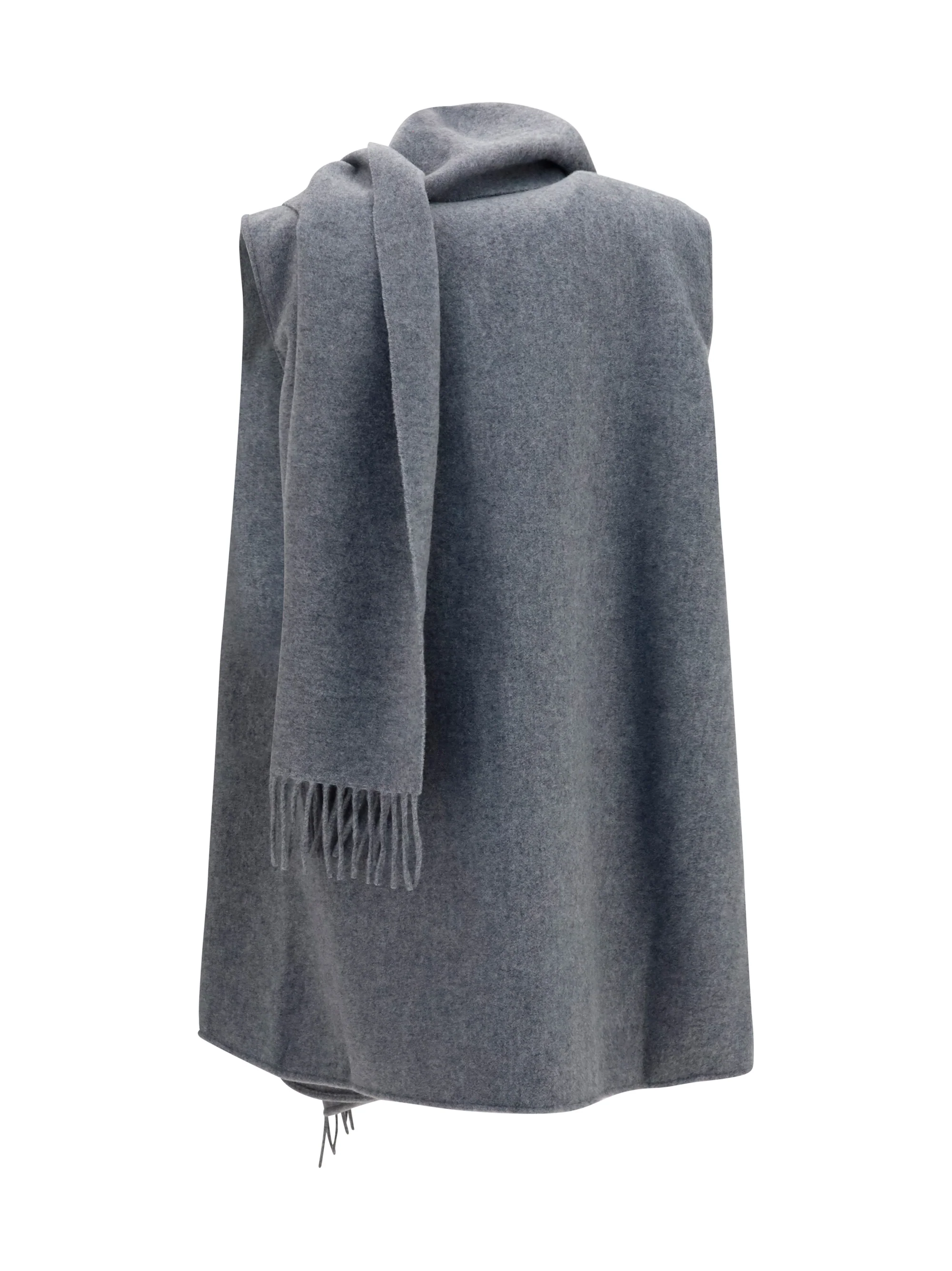 high-neck wool cape with concealed closure and fringes