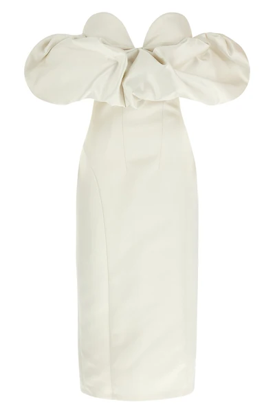 off-the-shoulder satin sheath dress
