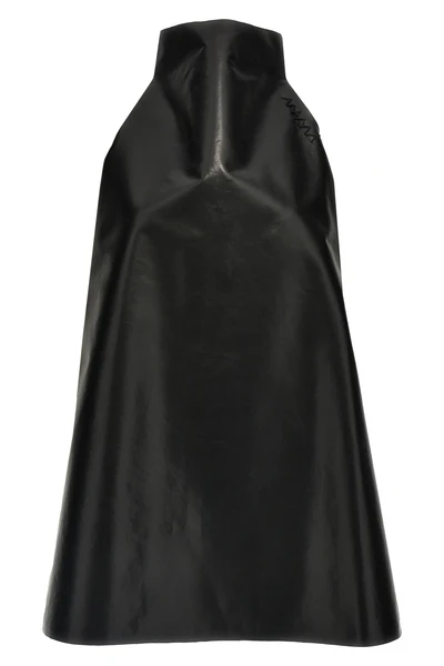 two-tone trapeze dress in black coated nylon and brown nylon