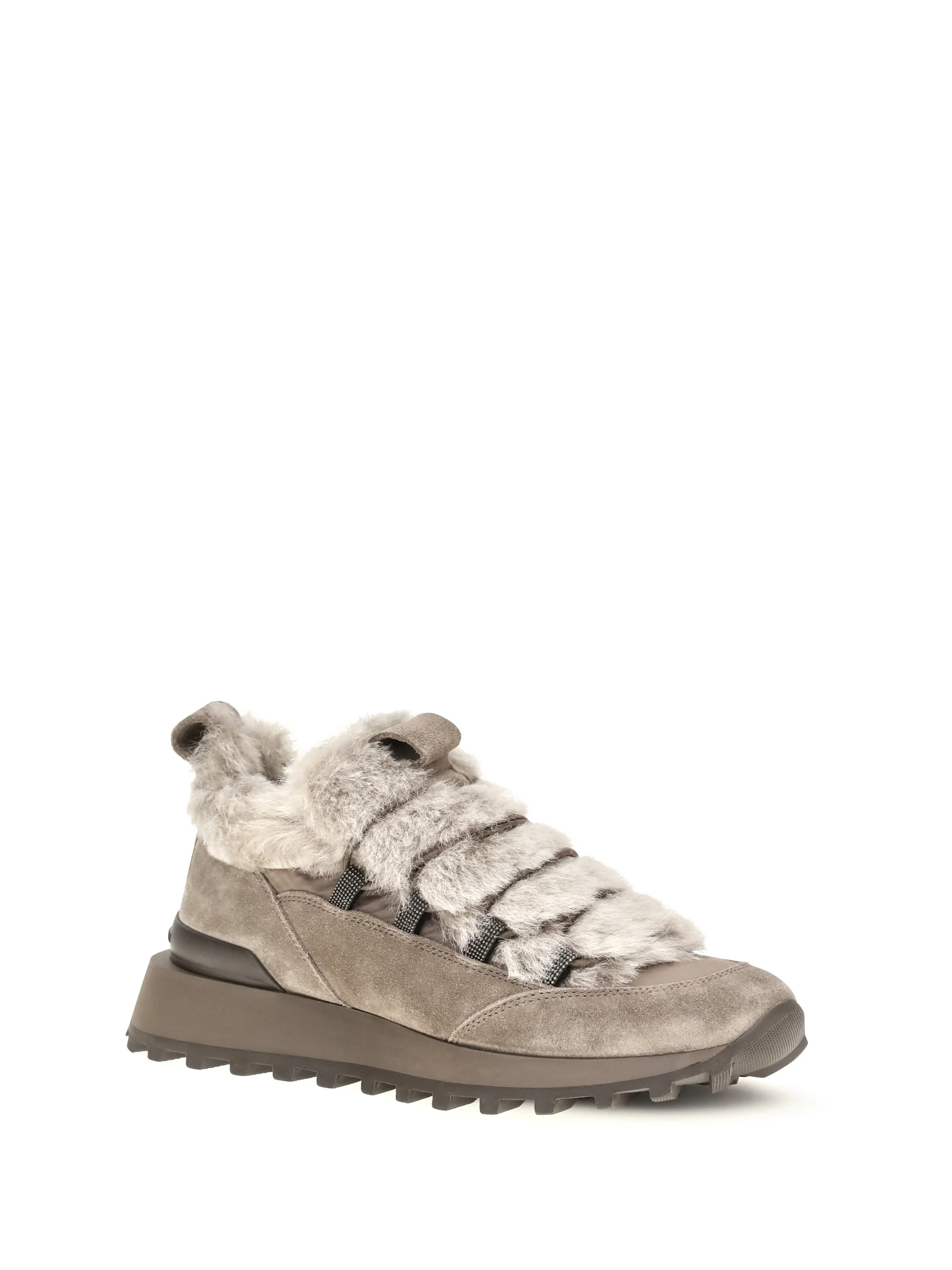 BRUNELLO CUCINELLI 36 suede and tech cotton sneakers with shearling lining and monili detail