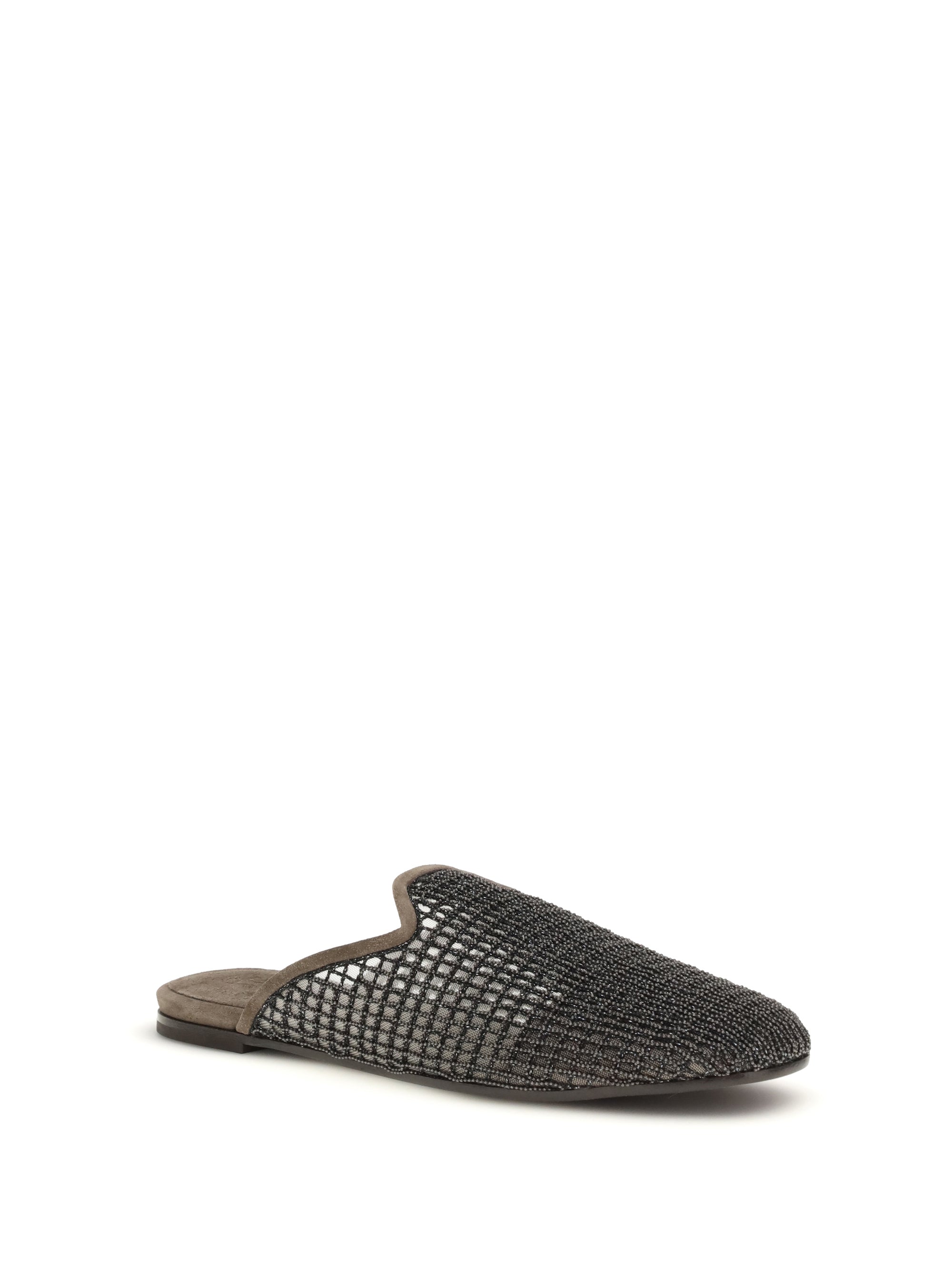 BRUNELLO CUCINELLI 38 suede mules with precious net embroidery