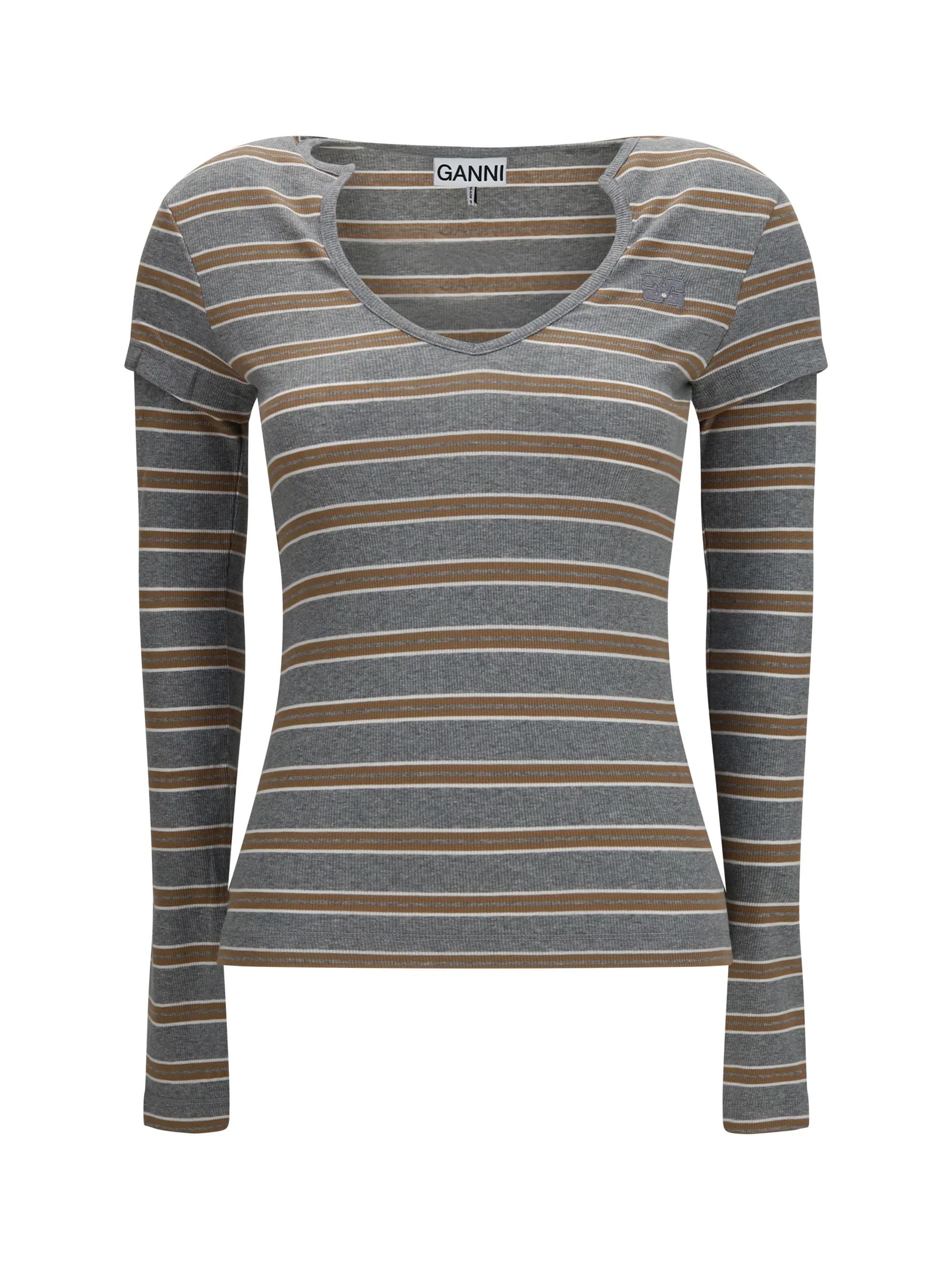 GANNI L ribbed v-neck long-sleeve t-shirt